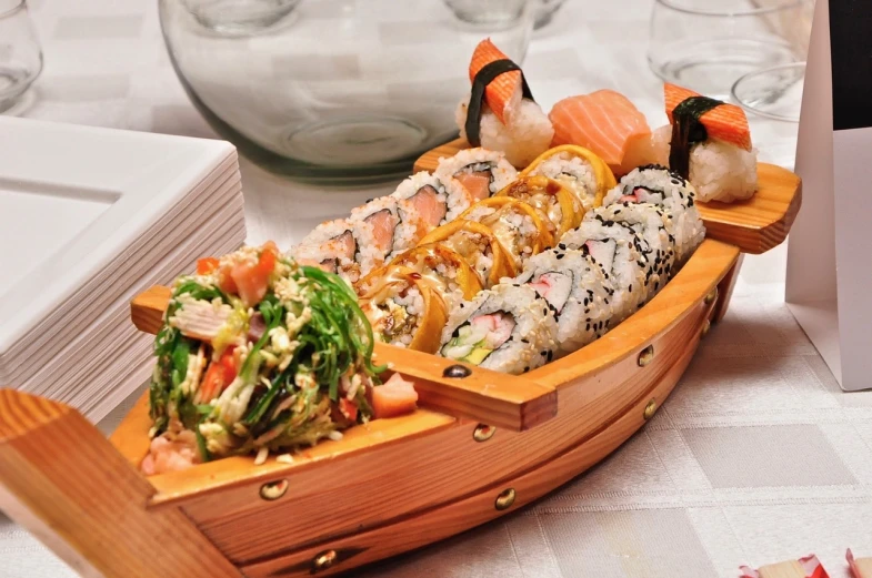 a wooden boat filled with sushi sitting on top of a table, a picture, by Maksimilijan Vanka, salad, photo high definition, restaurant menu photo, dlsr photo