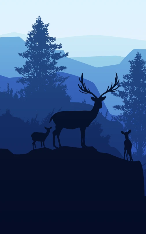 a herd of deer standing on top of a lush green hillside, an illustration of, shutterstock, art deco, dark deep blue, in the early morning, family portrait, on a dark rock background