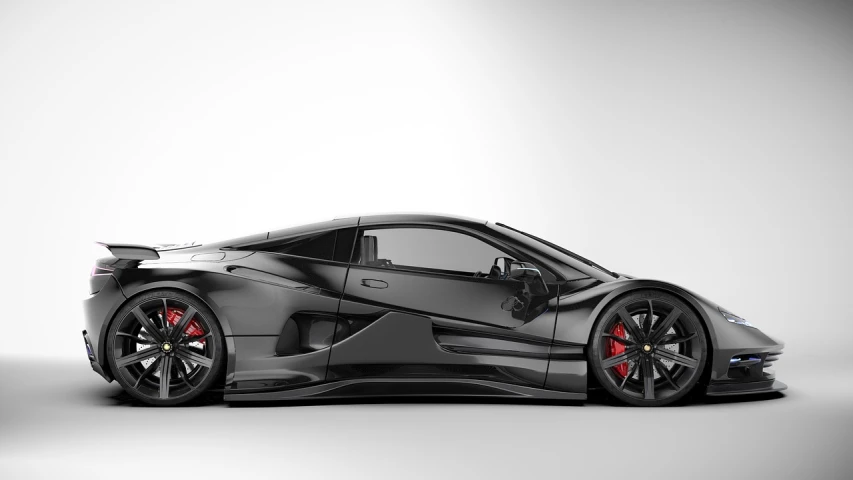 a black sports car on a white background, a 3D render, by Anthony Devas, tumblr, conceptual art, bold lamborghini style, black lotus, close up shot from the side, rendered in redshift