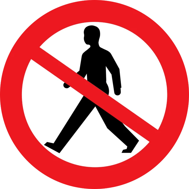 a red and white sign with a man walking, pixabay, excessivism, on a flat color black background, forbidden, without helmet, people and creatures walking