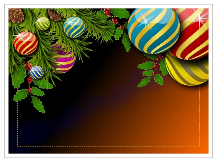 a christmas card with ornaments and holly leaves, a digital rendering, by David Burton-Richardson, shutterstock, colorful dark vector, wide scene, tag, invitation card