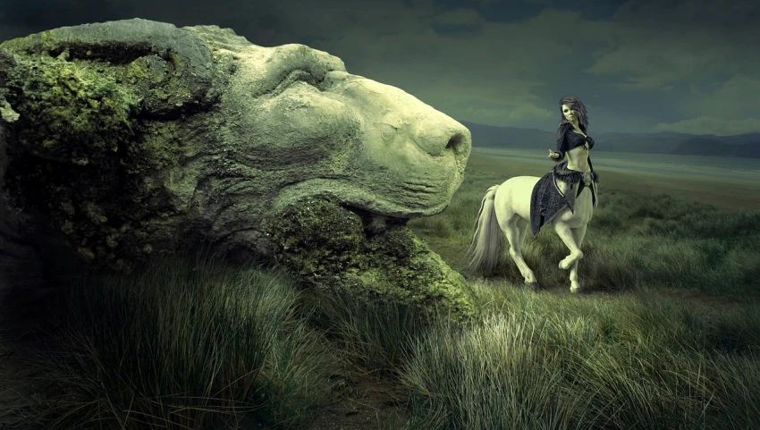 a woman riding on the back of a white horse, a matte painting, inspired by Igor Morski, zbrush central contest winner, the man riding is on the lion, green mane, [[fantasy]], modern fantasy