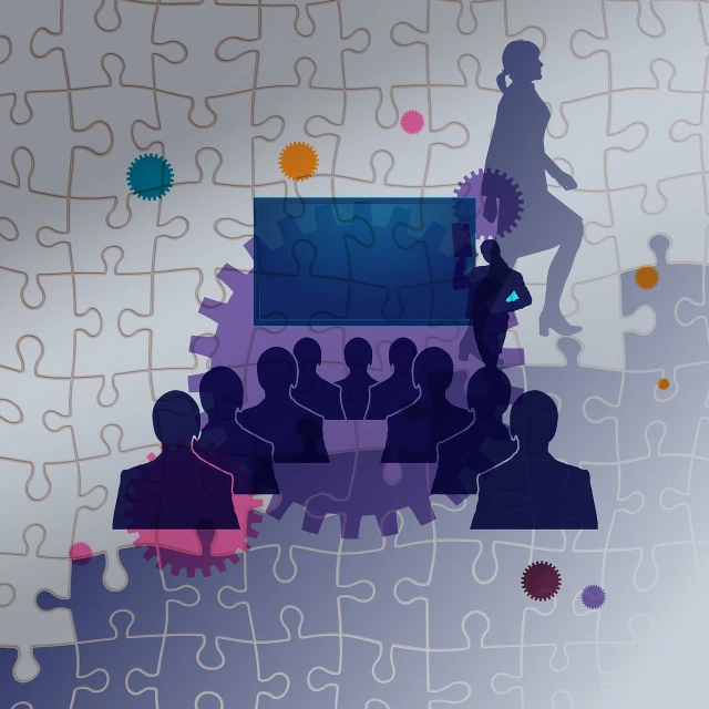 a group of people standing around a puzzle piece, a picture, conceptual art, background is purple, classroom background, stylized silhouette, integrating with technology