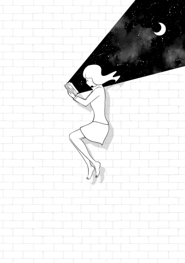 a black and white drawing of a woman reaching for a star, tumblr, hiding behind a brick wall, checking her cell phone, in the void of space, procreate illustration