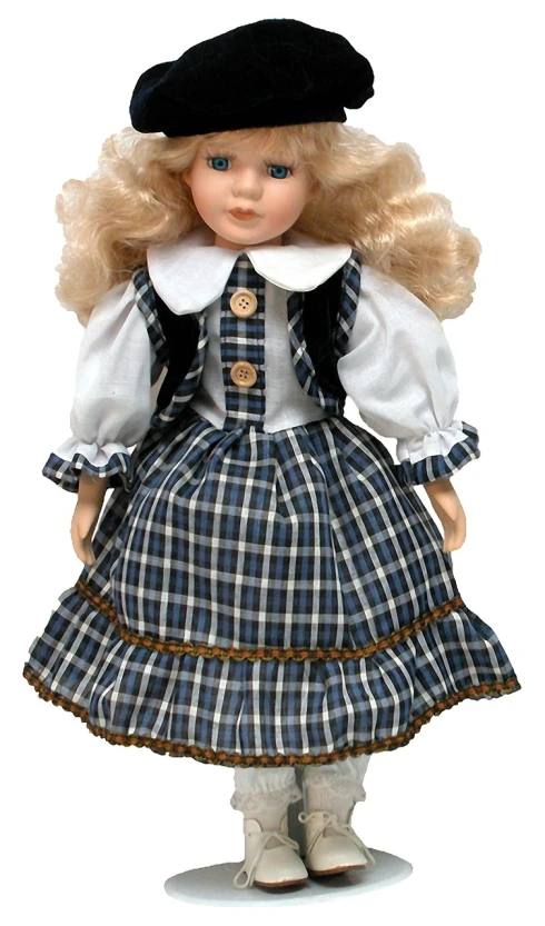 a close up of a doll wearing a dress and hat, by Susan Heidi, dressed as schoolgirl, # 0 1 7 9 6 f, with long blond hair, blue checkerboard dress