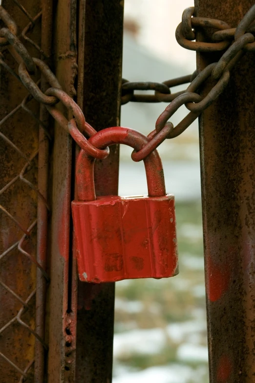 a red padlock attached to a rusty gate, istockphoto, large chain, flash photo, closeup photo