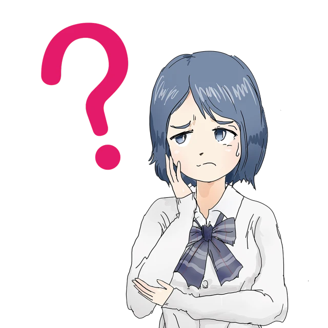 a woman standing in front of a question mark, pixiv, shin hanga, little angry girl with blue hair, with a hurt expression, as a strict school teacher ), default pose neutral expression
