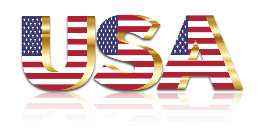 a close up of the word usa on a black background, pixabay, digital art, military flags, made in gold, ribbon, drawn