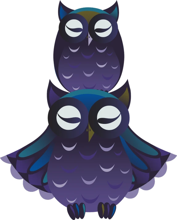 a couple of owls sitting on top of each other, vector art, by Nándor Katona, pixabay, sōsaku hanga, demon black blue purple, cell shaded adult animation, goddess of sleep, head and full body view