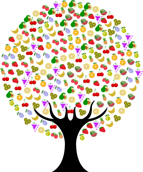 a brain made up of fruits and vegetables, a mosaic, black backround. inkscape, circle forms, material is!!! plum!!!, random background scene