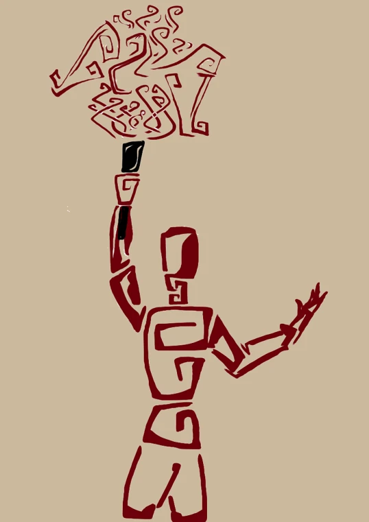 a drawing of a man tossing letters in the air, inspired by Ossip Zadkine, cg society, graffiti, 7 0 mm. digital art, polynesian god, ((robot)), long neck