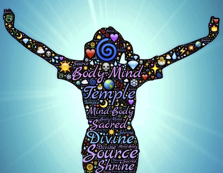 a silhouette of a woman with words all over her body, by Bernie D’Andrea, psychedelic art, holding a holy symbol, opal statues, kundalini energy, multicolored vector art