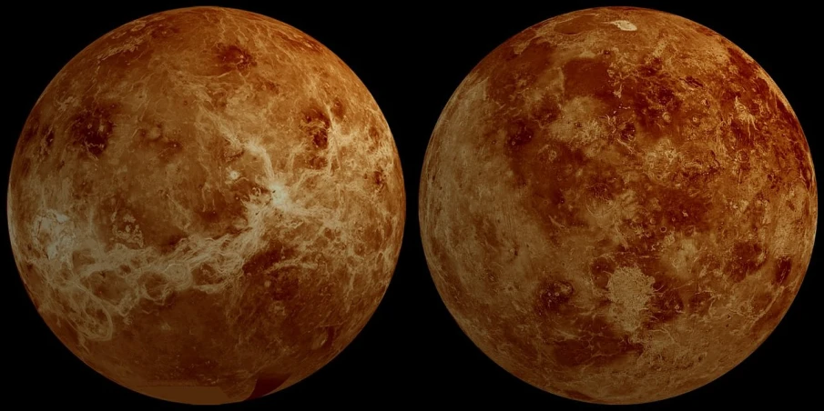 a close up of two planets on a black background, a digital rendering, by Verónica Ruiz de Velasco, renaissance, gradient brown to red, equirectangular projection, venus, from wikipedia