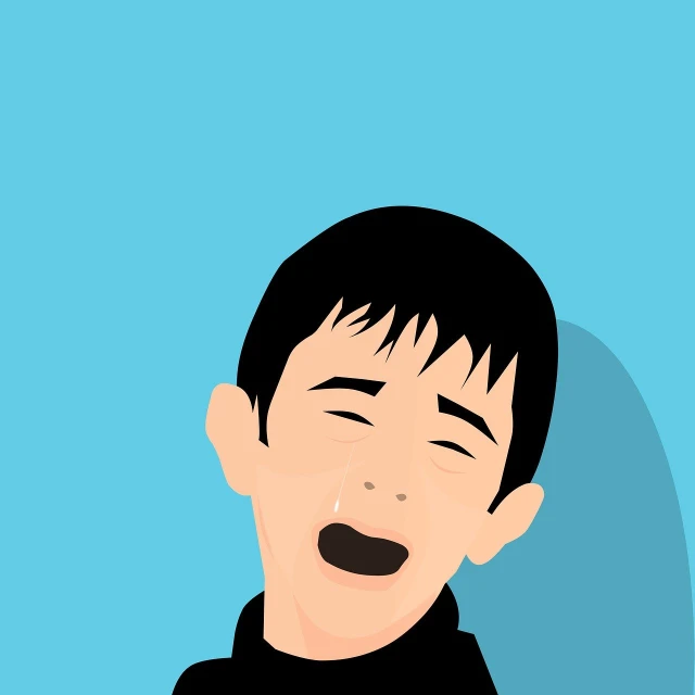 a close up of a person wearing a black shirt, vector art, conceptual art, crying and smiling franticly, teen boy, relaxed. blue background, korean artist