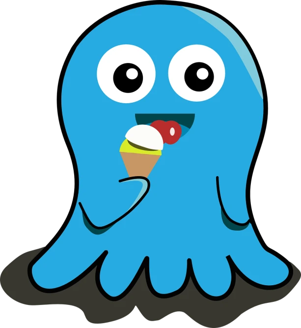 a blue monster eating an ice cream cone, vector art, pixabay, dada, octopus silhouette at depth, floating ghost, screenshot, gape