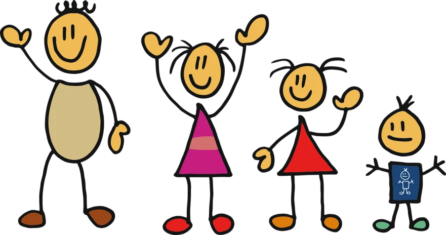 a group of people standing next to each other, a cartoon, by Harry Beckhoff, trending on pixabay, figuration libre, standing with a black background, happy kid, black scribbles and wiggles, arms raised