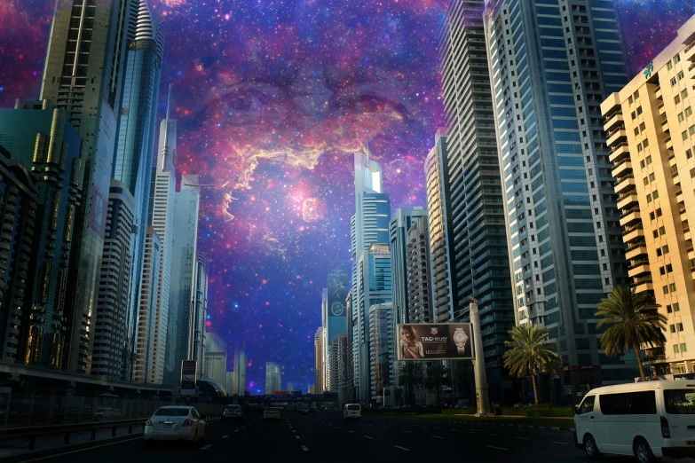 a city street filled with lots of tall buildings, surrealism, background of the galaxy, strange portrait with galaxy, dubai, galaxies and star in the sky