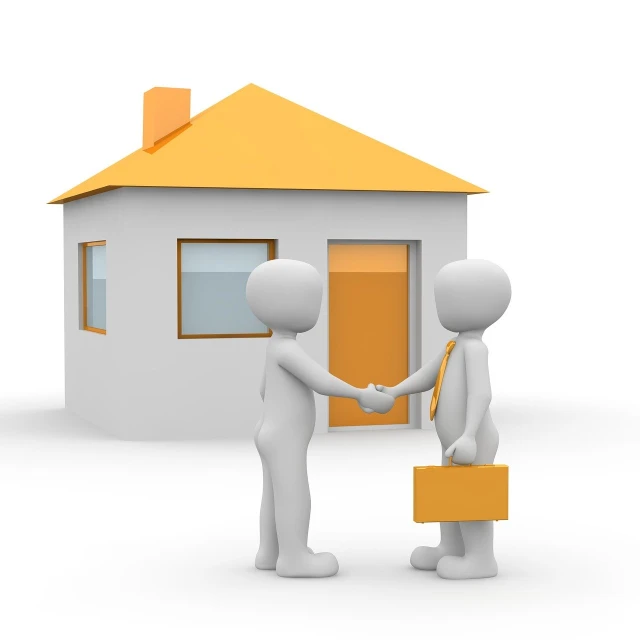 two people shaking hands in front of a house, a digital rendering, hermes, on white background, discovered photo, very coherent image