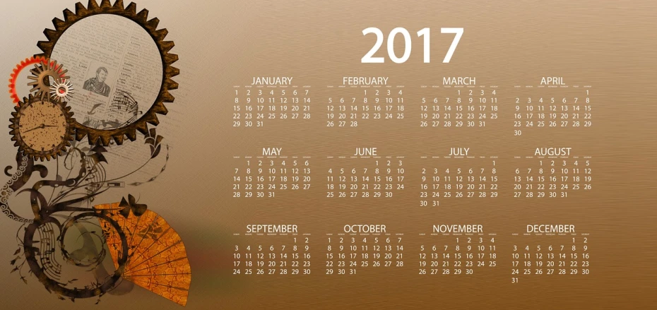 a clock sitting on top of a wall next to a calendar, a digital rendering, by Andrei Kolkoutine, pixabay, background full of brown flowers, rooster, 2 0 1 7, pinecone