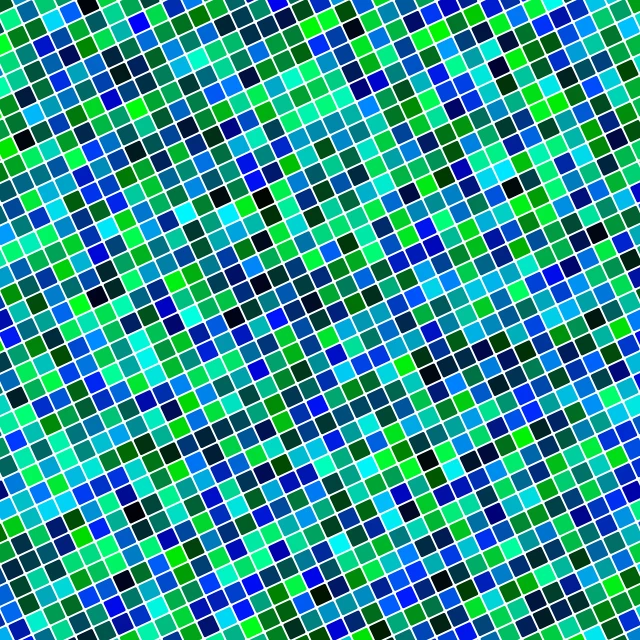 a green and blue mosaic tile pattern, by Kume Keiichiro, computer art, random scheme color, glitter gif, flat color, tiled floor