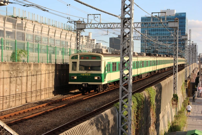 a green and white train traveling down train tracks, a picture, sōsaku hanga, nice afternoon lighting, yard, metro, img_975.raw