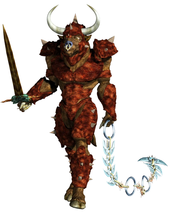 a close up of a person with a sword, inspired by Andor Basch, dau-al-set, that resembles a bull\'s, doom guy resembling samus, full body picture, khorne