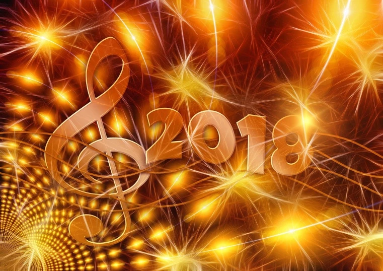 a close up of a musical note with fireworks in the background, a photo, golden number, detailed digital illustration, 2018, catalog photo