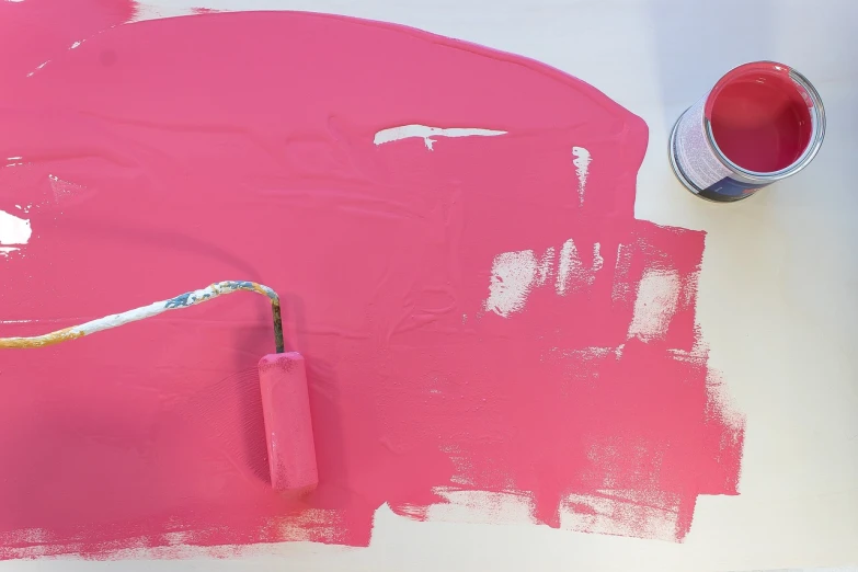 a person painting a pink wall with a paint roller, a silk screen, inspired by Julio Larraz, flickr, action painting, wip, pink color scheme, synthetic polymer paint on linen, painted with colour on white