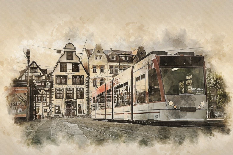 a painting of a trolley on a city street, a digital painting, inspired by Albin Egger-Lienz, shutterstock, modern european ink painting, streets of heidelberg, tonalism illustration, digital art. photo realistic, transparent