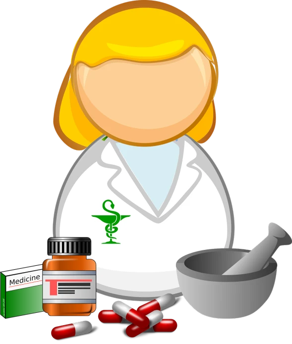 a woman in a lab coat with pills and a mortar, an illustration of, pixabay, half body photo, on a flat color black background, doll, no gradients