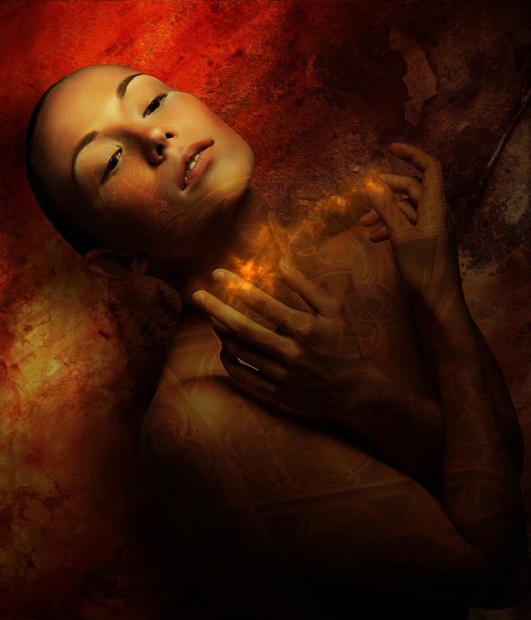 a woman that is laying down with her hands on her chest, by Kurt Roesch, shutterstock contest winner, digital art, with veins of magma and gold, warm illumination, tattooed skin, high quality fantasy stock photo