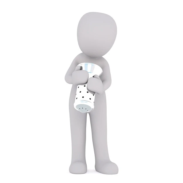 a man holding a baby bottle in his hands, inspired by Wlodzimierz Tetmajer, pixabay contest winner, conceptual art, 3d model of a japanese mascot, white mug, product introduction photo, gray anthropomorphic