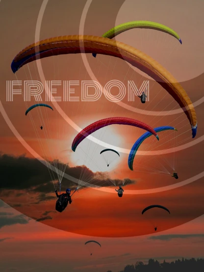 a group of paragliders flying through the air at sunset, concept art, by Hristofor Zhefarovich, trending on pixabay, figuration libre, with text, open eye freedom, tricolor background, alamy stock photo