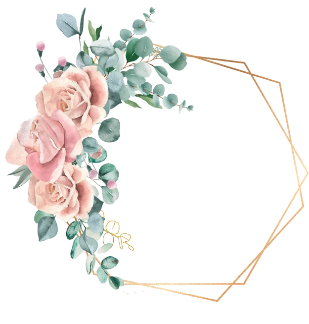 a floral frame with pink roses and eucalyptus leaves, floral bling, high polygon, in simple background, no text