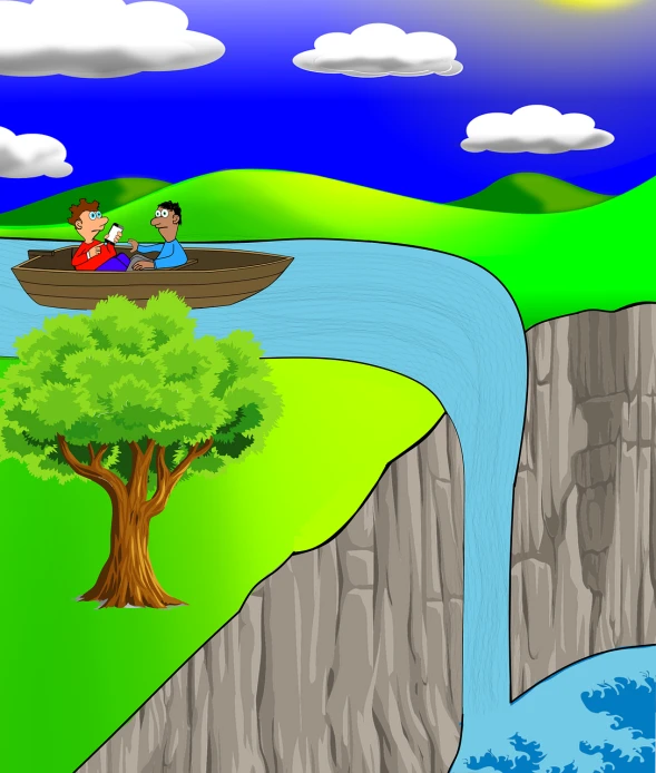 a man and a woman in a boat on a river, a storybook illustration, naive art, waterfall background, environment design illustration, god\'s creation, wikihow illustration