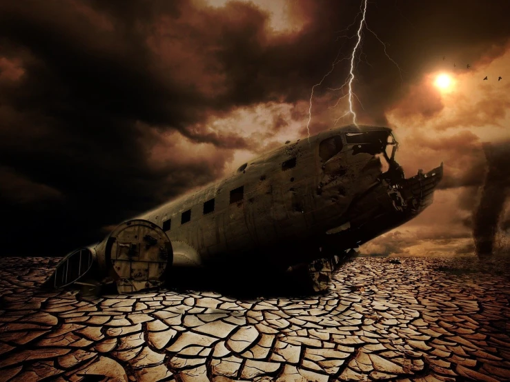 a plane that is sitting in the dirt, digital art, by John Moonan, pixabay contest winner, digital art, apocalypse storm, the ground is dark and cracked, steampunc, photo-shopped