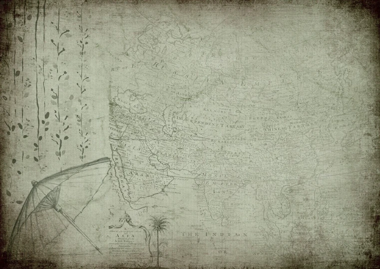 a drawing of a woman holding an umbrella, a digital rendering, inspired by Masamitsu Ōta, conceptual art, ancient map, old dhaka, landscape wide shot, scratched photo