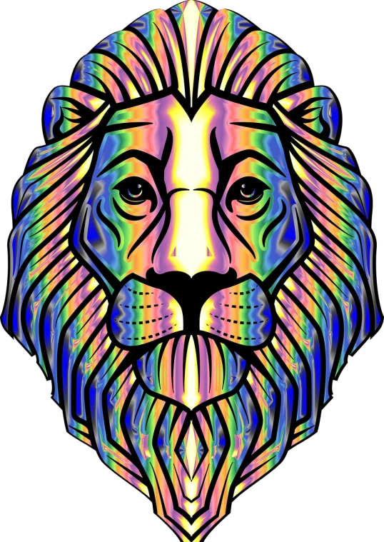 a colorful lion head on a black background, a digital rendering, inspired by Lisa Frank, psychedelic art, transparent holographic being, stained glass background, blacklight reactive, lisa frank & sho murase