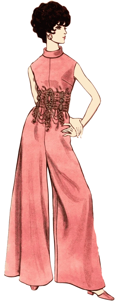 a drawing of a woman in a pink dress, a digital rendering, inspired by George barbier, flickr, jumpsuit, large pants, betty page fringe, fullbody view
