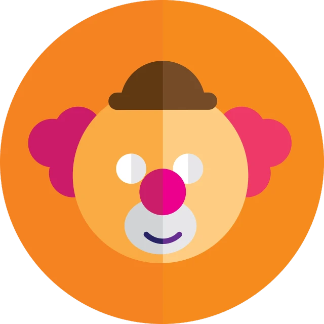 a picture of a clown's face in a circle, vector art, by Austin English, game icon asset, orange theme, pink nose, flat 2 d design