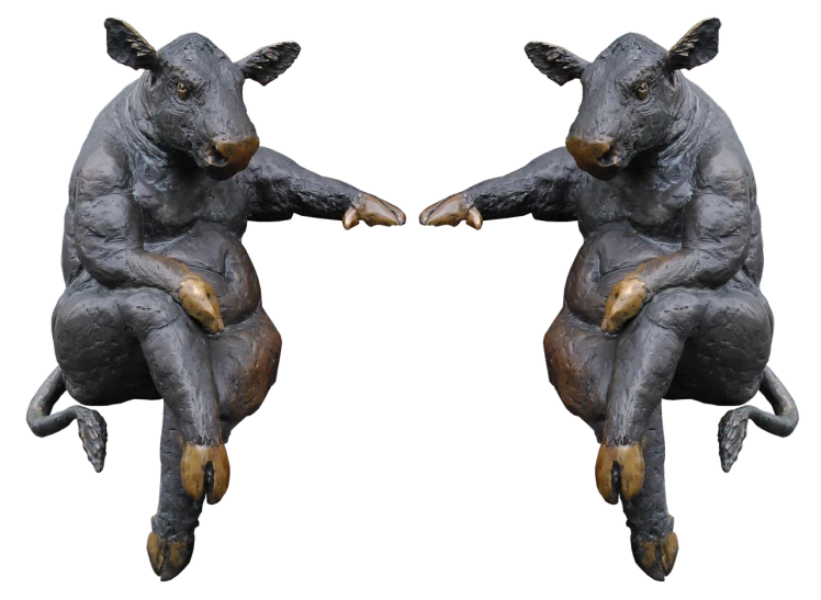 a couple of statues sitting on top of each other, a bronze sculpture, by James Bateman, figuration libre, bovine, symmetry!, feet, full resolution