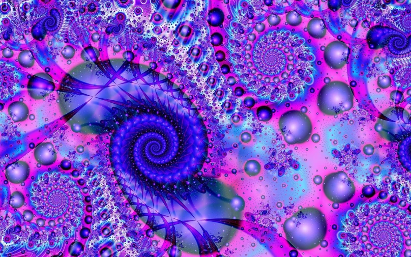 a computer generated image of a purple and blue spiral, digital art, inspired by Benoit B. Mandelbrot, flickr, psychedelic art, ethereal bubbles, fractal details diamond skin, pink and purple, fractal automata