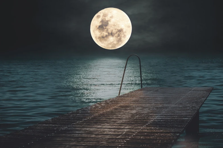 a dock in the middle of a body of water under a full moon, a photorealistic painting, by John Moonan, shutterstock, romanticism, the longest night, photo of a beautiful, beautiful and terrifying, moonwalker photo