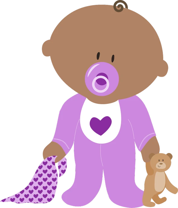a baby with a pacifier and a teddy bear, a digital rendering, inspired by Nyuju Stumpy Brown, purple and black clothes, black!!!!! background, any racial background, cutout