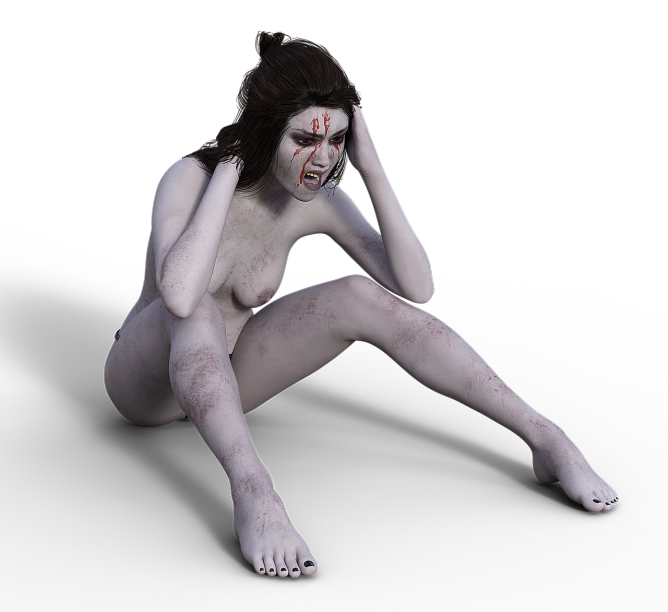 a naked woman sitting on the ground with blood all over her face, a 3D render, inspired by Marina Abramović, zbrush central contest winner, pale snow white skin, female orc, ( ( ( ( 3 d render ) ) ) ), with a hurt expression