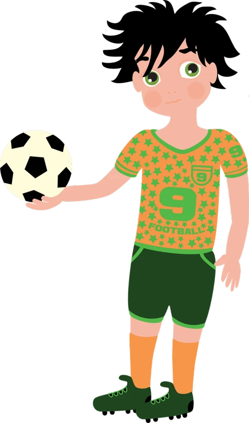 a cartoon boy holding a soccer ball, a cartoon, inspired by John Keane, green and orange theme, 🤬 🤮 💕 🎀, star, young man with short