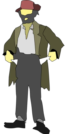 a man standing with his hands in his pockets, a character portrait, inspired by Doc Hammer, pixabay, conceptual art, style of nosferatu, animation cel, leatherface, wearing a duster coat