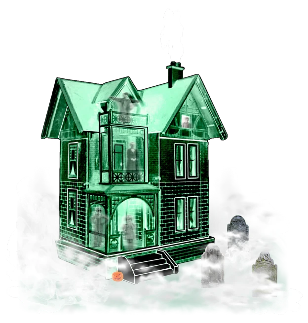 a green house sitting on top of a cloud covered ground, a digital rendering, inspired by Charles Addams, digital art, glowing fog intricate, photo of a victorian dollhouse, full color illustration, cutout