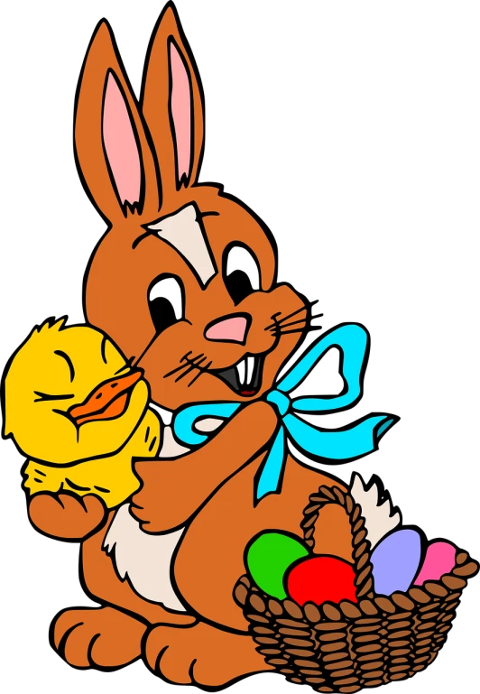 a cartoon bunny with a basket of eggs and a duck, shutterstock, with a black background, ms paint drawing, chocolate, ..'