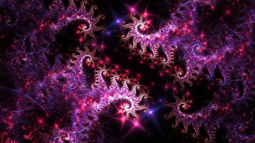 a computer generated image of purple and red stars, digital art, inspired by Benoit B. Mandelbrot, ornate tentacles growing around, scattered glowing pink fireflies, fractal lace, many terrible eyes in space